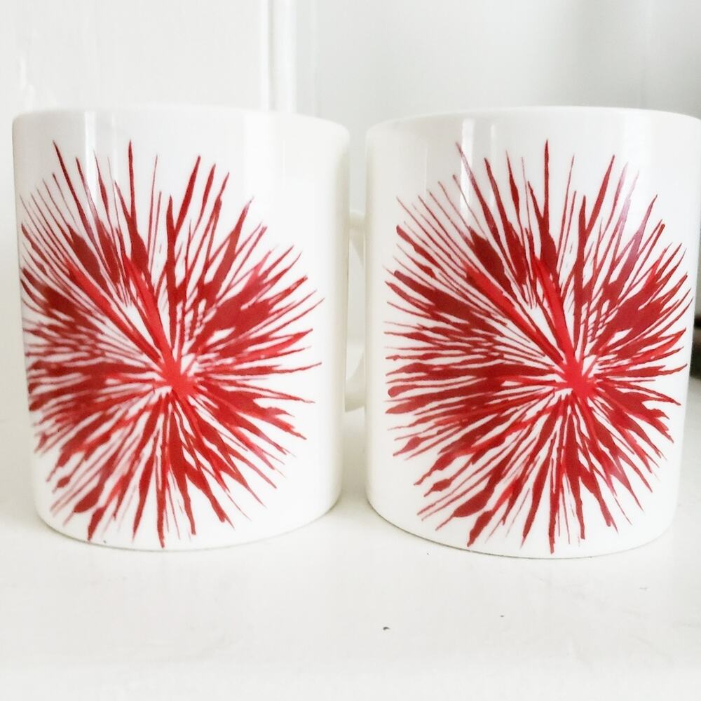2014  Pair of‎ 12 oz Starbucks Mugs White Red Burst Collectors coffee Mugs